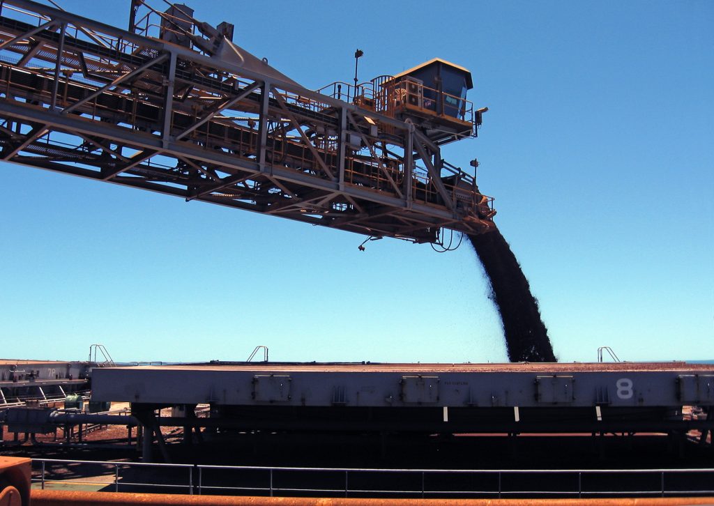 A Rio Tinto iron ore shiploader in operation in the Pilbara