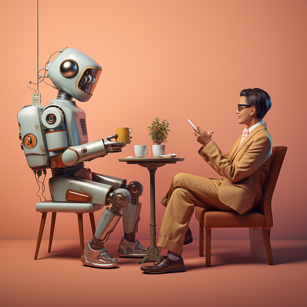 Robot and human having a coffee meeting generated by AI with Mid Journey